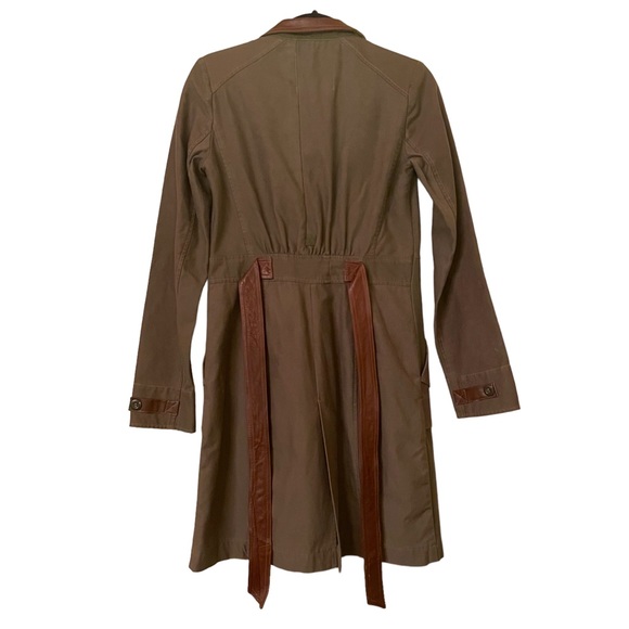 Upcycled Khaki Green Trench coat with upcycled Brown Leather Accents - Picture 3 of 10